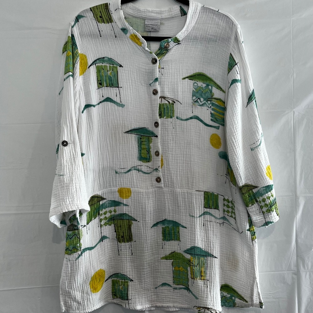CMC Color Me Cotton White Gauze Beach Hut Print Tunic Top L Made in USA